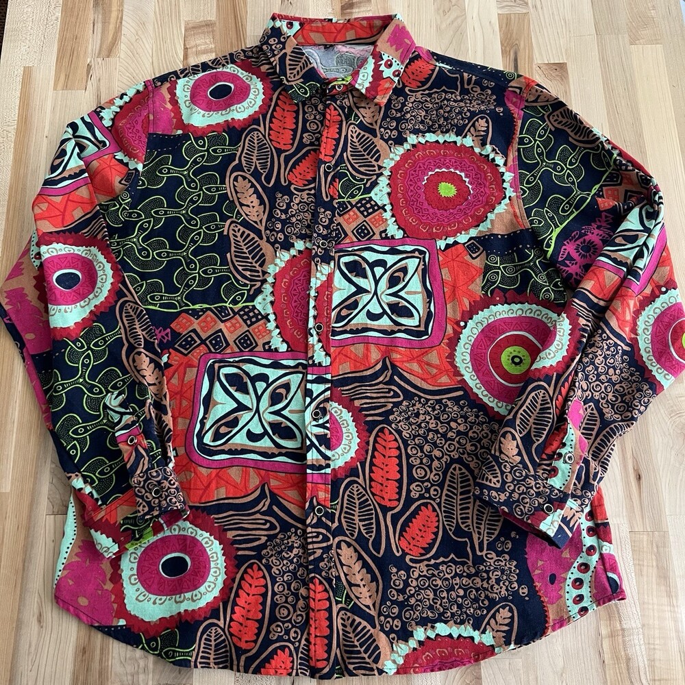 Men's Long Sleeve Button Up Shirt Cotton Linen Blend Bold Print Loud Colorful XL